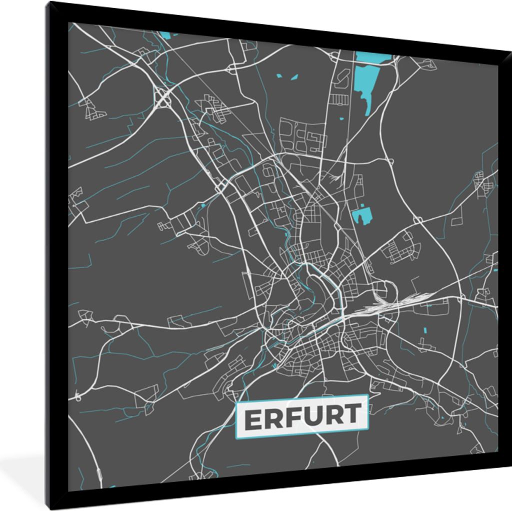 MuchoWow Gerahmtes Poster Deutschland - Blau - Erfurt - Stadtplan - Karte 40x40 cm - Poster mit Schwarzem Bilderrahmen Wandposter Rahmen Foto Bil...