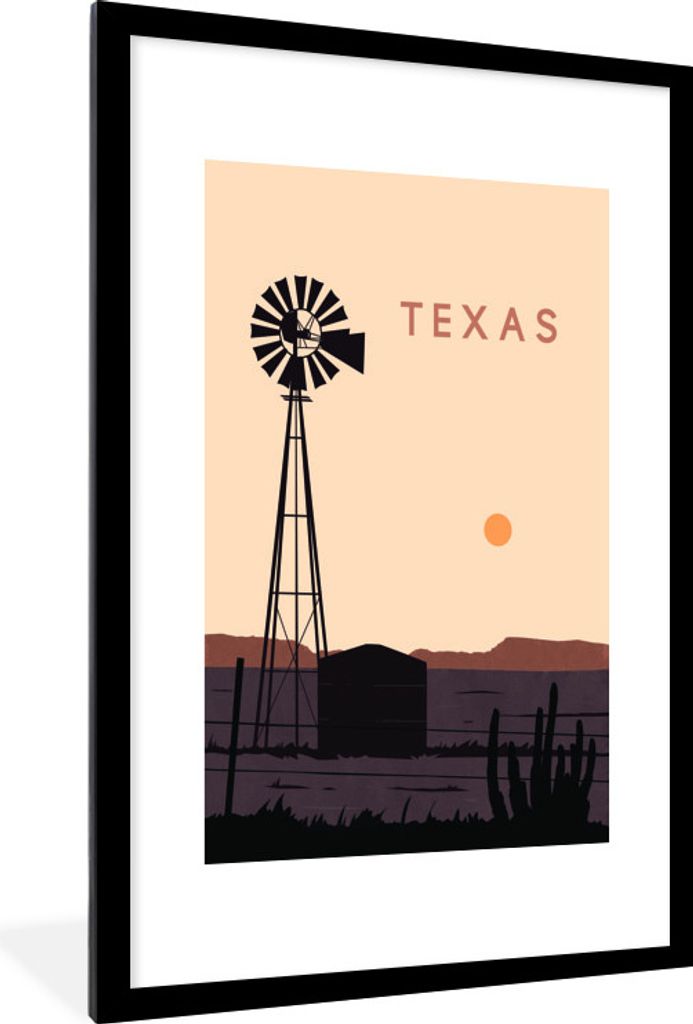 MuchoWow MuchoWow Gerahmtes Poster Windmühle - Texas - USA - Illustration 60x90 cm - Poster mit zchwarzem Bilderrahmen - Dekoration - Wandpost...