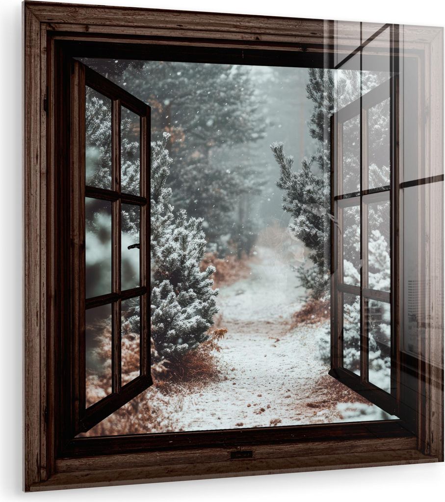 MuchoWow Glasbilder - Bilder auf Wandbild - Foto auf Glas Wald - Winter - Bäume - Natur - Weg - Aussicht 50x50 cm Wanddekoration aus Glas - Acrylg...