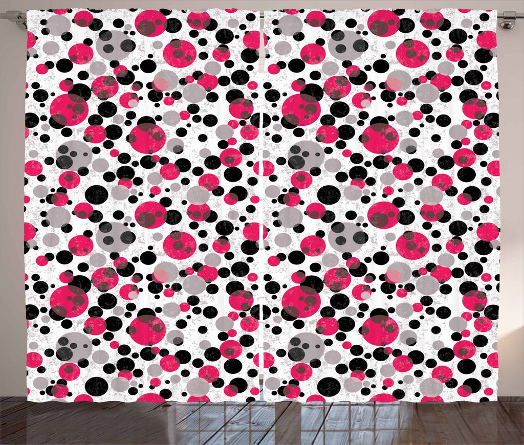ABAKUHAUS Rosa und Grau Rustikaler Gardine, Retro Kreis-Punkte, Schlafzimmer Kräuselband Vorhang mit Schlaufen und Haken, 280 x 245 cm, Schwarz Gr...