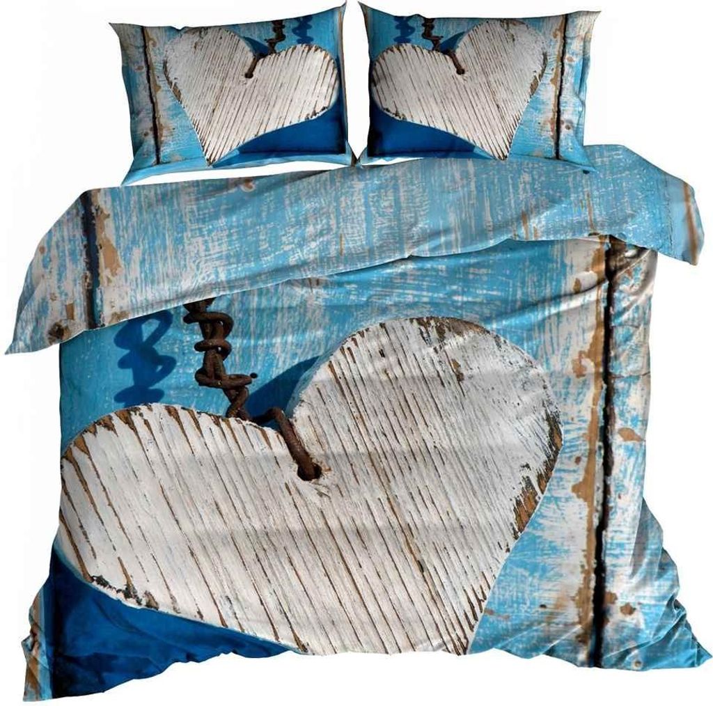 3D Baumwollsatin Bettwäsche 160x200cm BLAUES HERZ