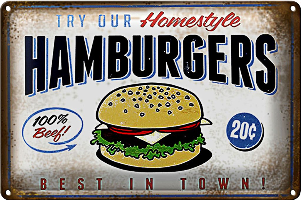 Blechschild Spruch 18x12cm Hamburger best in town 100% Beef