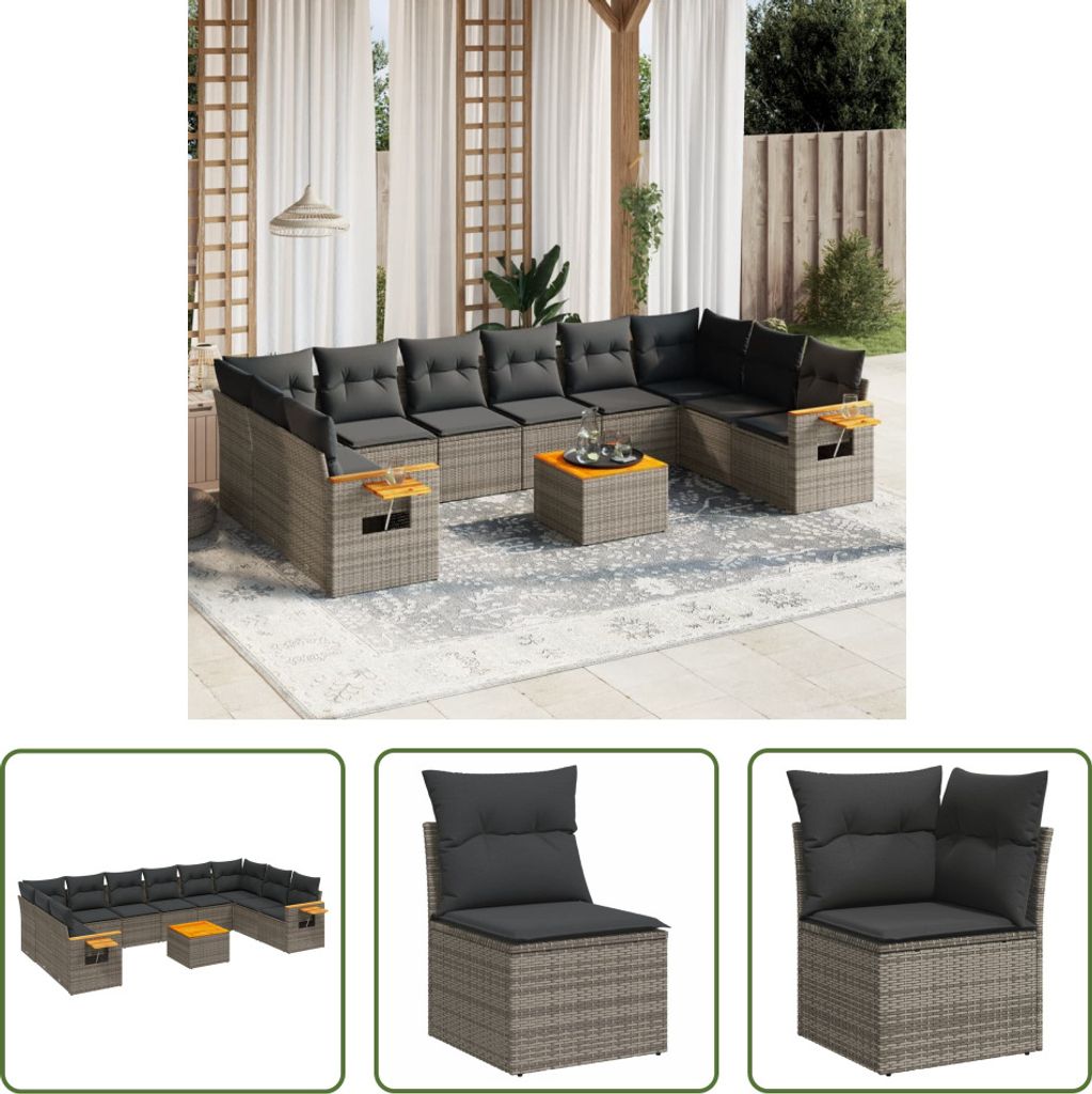 The Living Store 11-tlg. Garten-Sofagarnitur mit Kissen Grau Poly Rattan