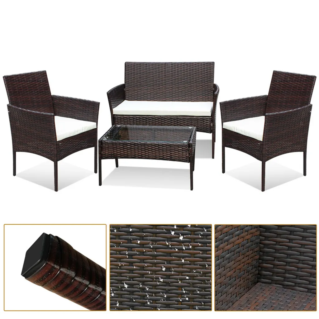 Salon pour balcon et terrasse en polyrotin marron avec canapé d'angle
