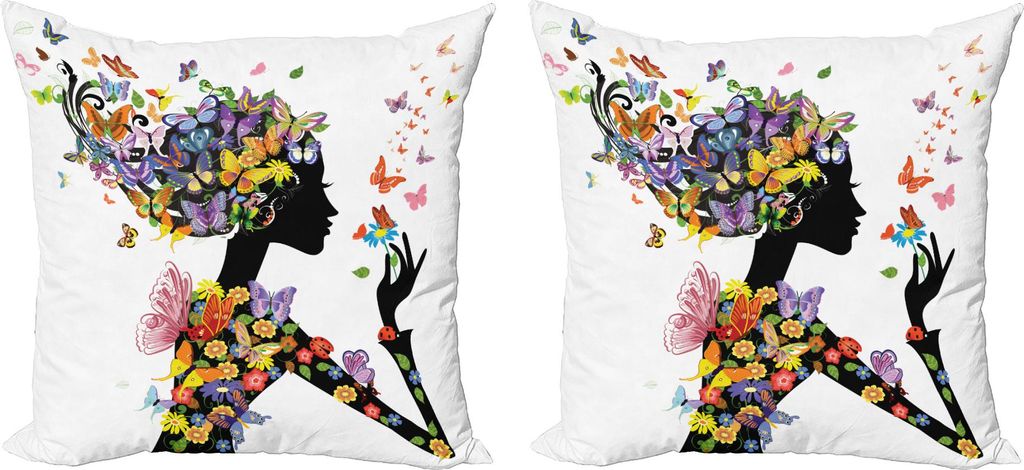 ABAKUHAUS Schmetterlinge Kissenbezug Set (2Stück), Mädchen Mode Blumen mit Schmetterlingen Zier Blumenlaub Natur Wald Druck, 60 x 60 cm, Mehrfarbig