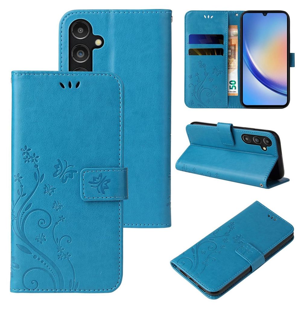 A collage of images showing a blue floral and butterfly patterned flip phone case from different angles.