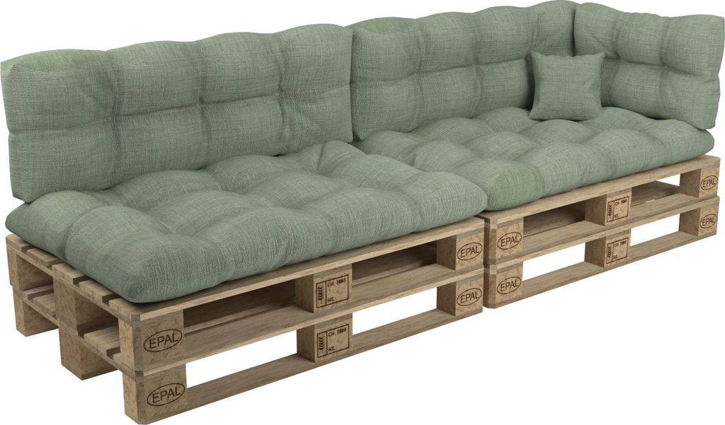 A sectional sofa made from wooden pallets with green cushions.
