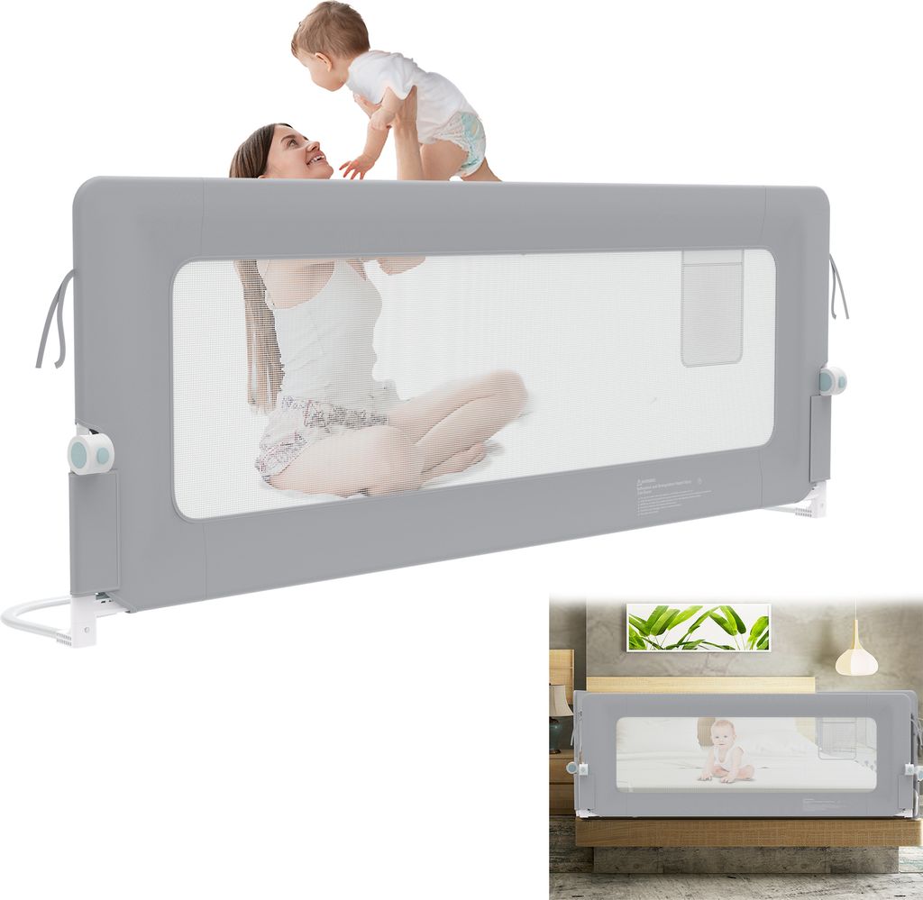 UISEBRT 200cm höhenverstellbares Rausfallschutz-Bettgitter, klappbar, 180 Grad drehbar, für Kinderbetten und Elternbetten, Grau