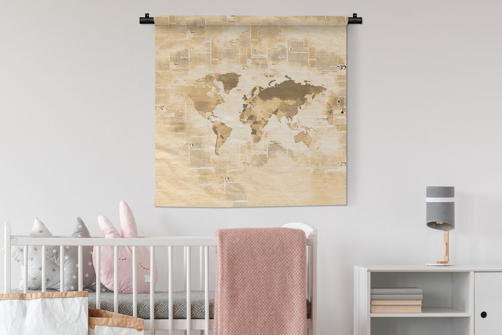 MuchoWow Wandteppich Wandbehang Weltkarte - Vintage - Zeitungsdruck 90x90 cm Tapisserie Dekoration Wandtuch - Wandaufhänger