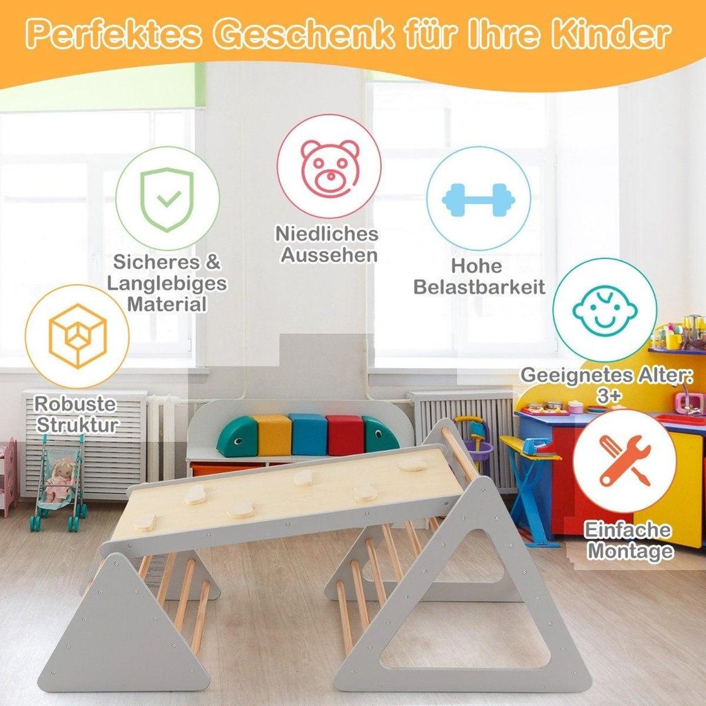 3 in 1 Kletterspielzeug-Set für Kleinkinder Kletterdreieck & Leiter & Rutsche Klettergerüst Grau
