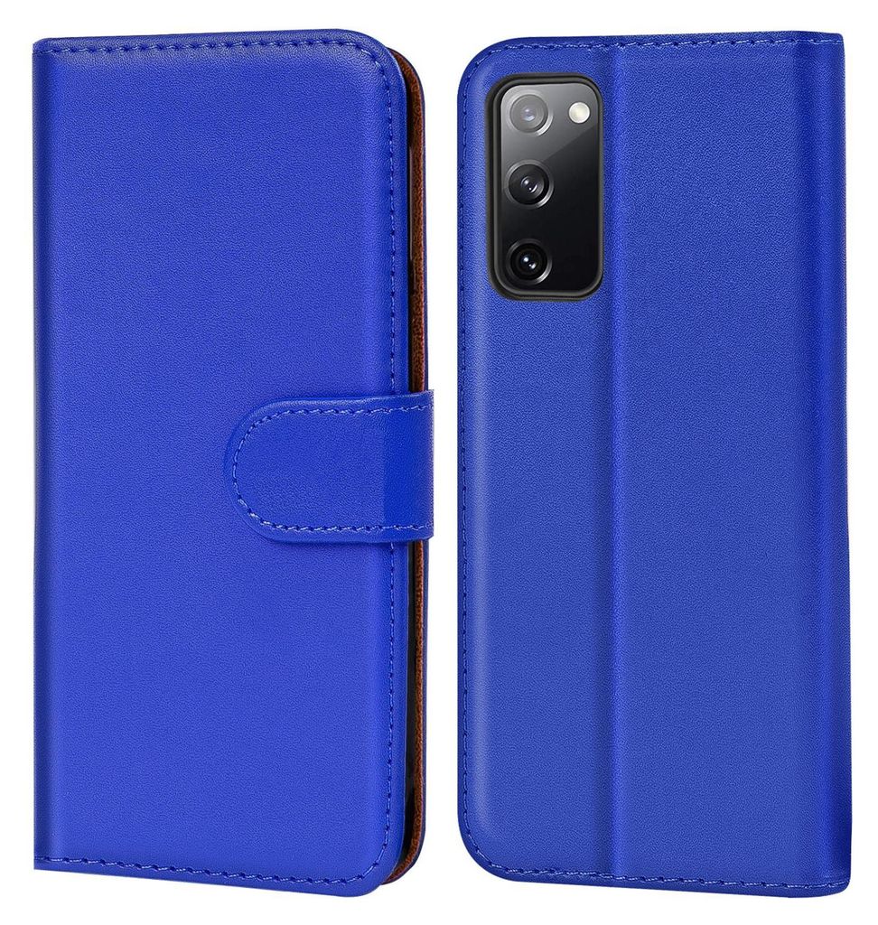A blue flip phone case is shown from the front and back.