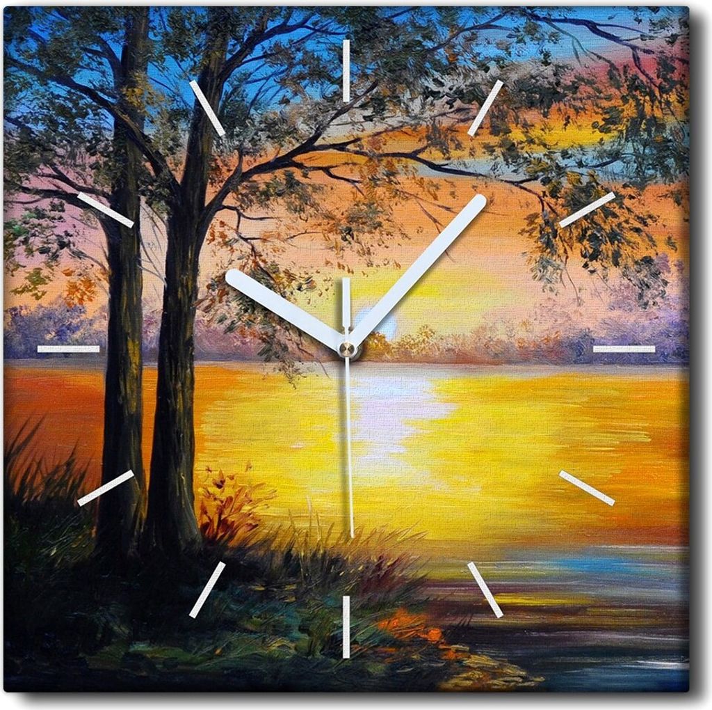 Coloray Uhr auf Leinwand 30x30 cm Wand Uhr Dekoration Wohnzimmer Segeltuch weiße Zeiger -Landschaft eines Baumsees