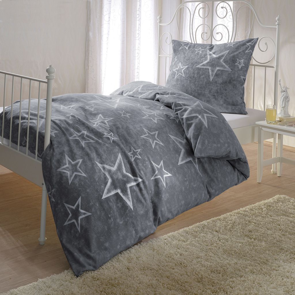 Bettwaren-Shop Biber Bettwäsche Sterne anthrazit 155x220 cm + 80x80 cm