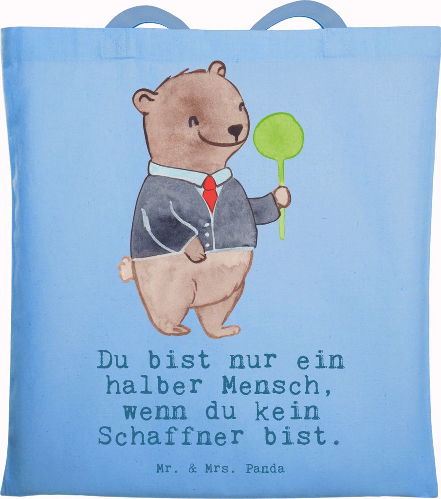 Mr. & Mrs. Panda Jutebeutel Schaffner Herz - Sky Blue - Geschenk, Tote Bag, totebag, Stoffbeutel, Shopping Tasche, Beutel, dokumententasche