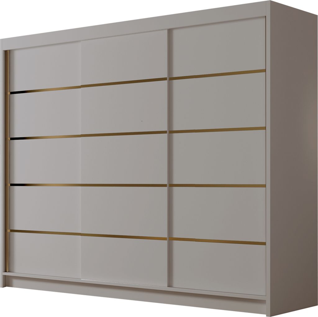 A modern, light gray wardrobe with gold accents and sliding doors, presented against a white background.