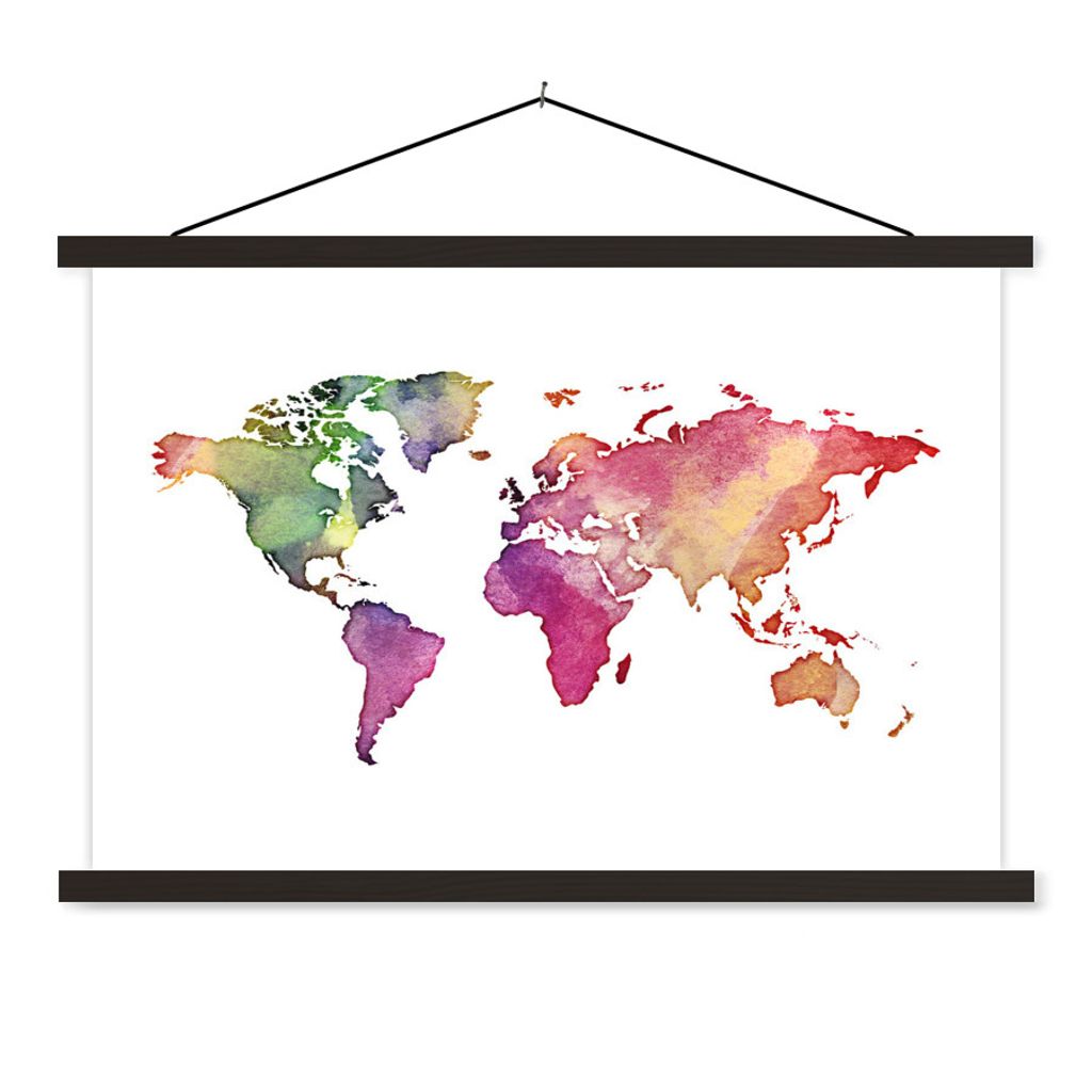 MuchoWow Textilposter Weltkarte - Aquarell - Regenbogen 120x80 cm mit schwarzem Rahmen - Wanddeko
