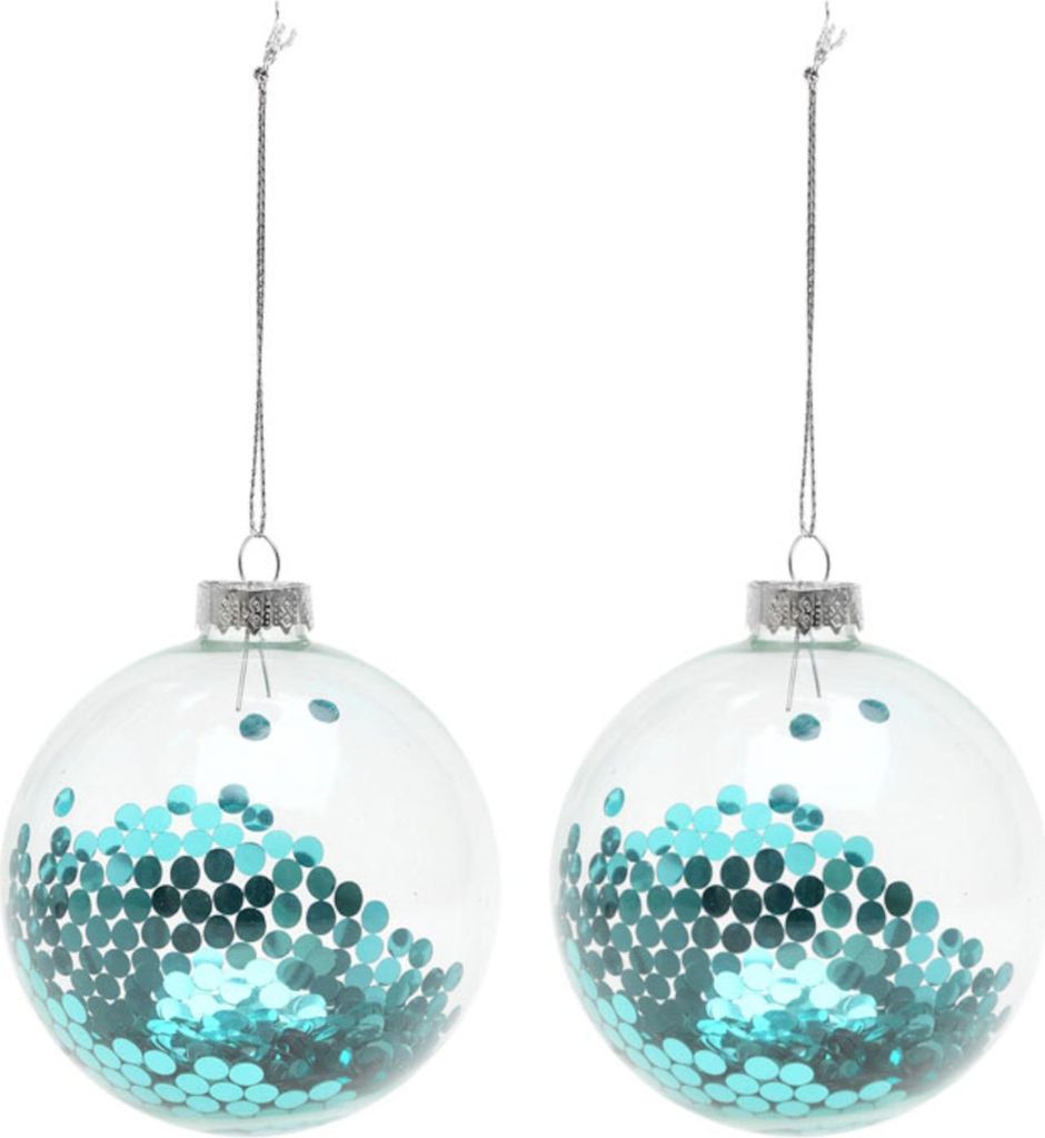 Christbaumkugeln mit Glitzerpailletten 2 Stück transparent-blau 8 cm -