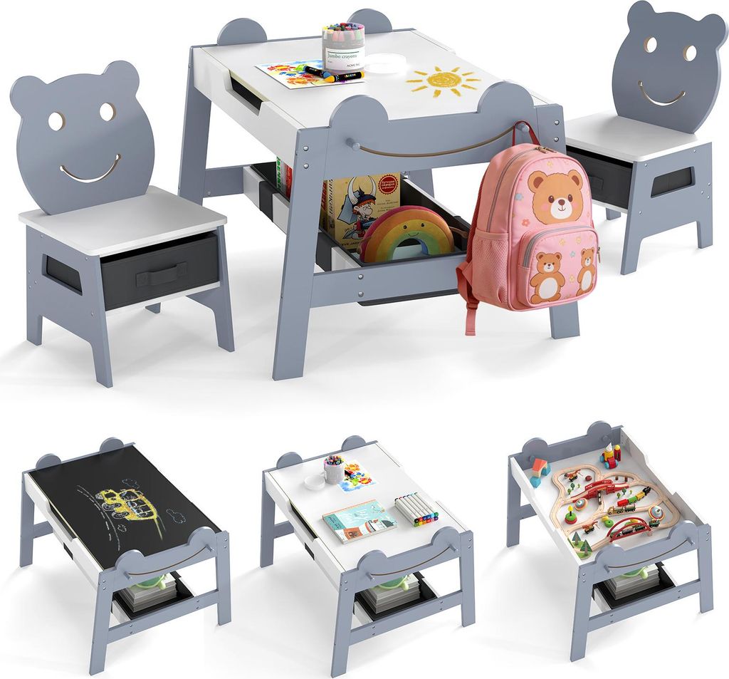COSTWAY Kindertisch mit 2 Stühlen, Maltisch 5 in 1 mit Tafel, Whiteboard, 4 Haken & Stoffbehältern, Kindersitzgruppe für Kinder von 3-10 Jahren,...