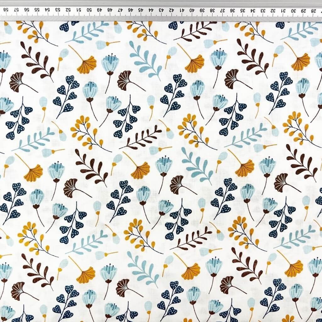 Baumwolle 100% Ginkgo mini blau auf weißem Hintergrund