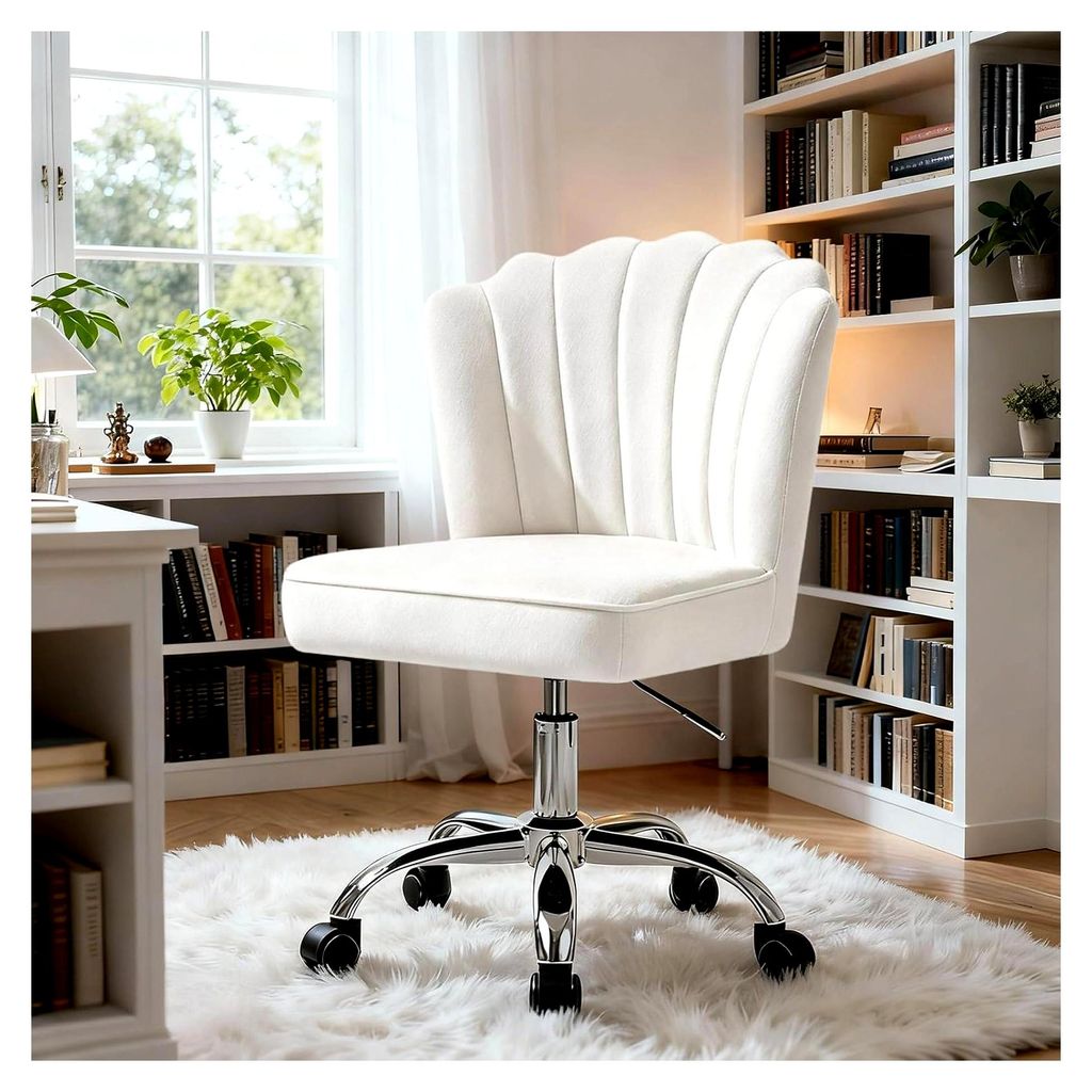 Drehstuhl für Homeoffice, Schreibtischstuhl, höhenverstellbar, Samtbezug, silberne Stuhlbeine, belastbar bis 135 kg (Weiß)
