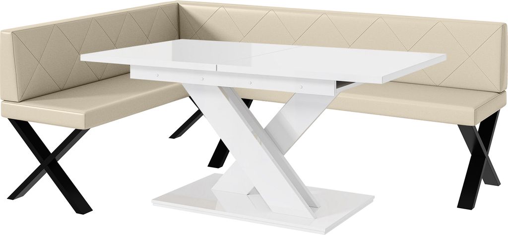 MEBLINI Eckbank für Esszimmer mit ausziehbarem Tisch - Küchenbank - Essecke - Sitzecke Küche - ERIC - X-Beine 142x196x87cm Links - Creme Kunstle...
