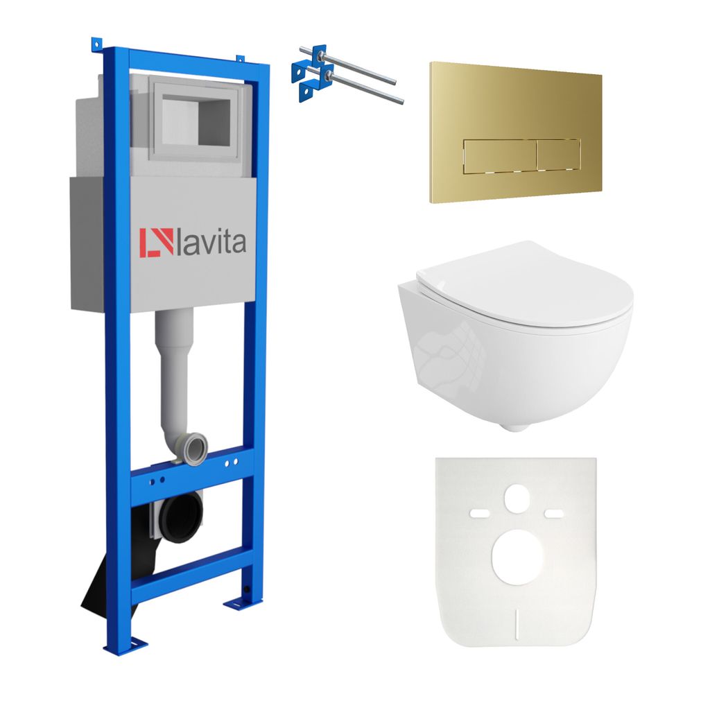 Lavita LAV 101 Vorwandelement für WC 40cm + Wand Hänge Tiefspül WC BRAVA Weiß Spülrandlos + Bedienplatte LAV 200.3.5 Gold | Komplettset | Unte...