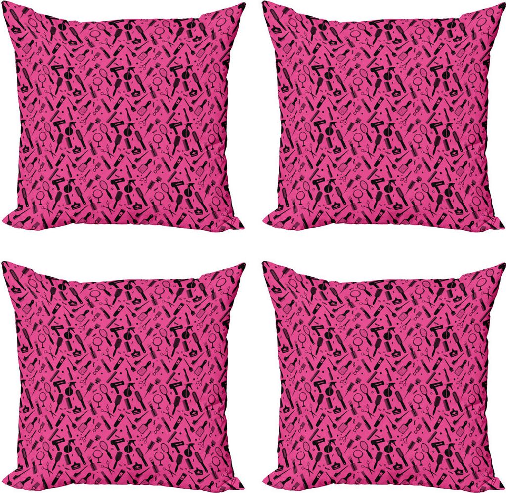 ABAKUHAUS Friseur Kissenbezug Set (4 Stück), Gelüftete Pinsel und Kämme, Moderner Doppelseitiger Digitaldruck, 60 cm x 60 cm, Pink und Schwarz