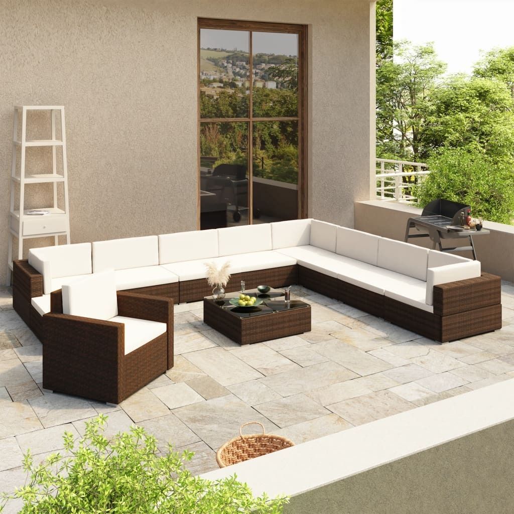 The Living Store 12-tlg. Garten-Lounge-Set mit Auflagen Poly Rattan Braun
