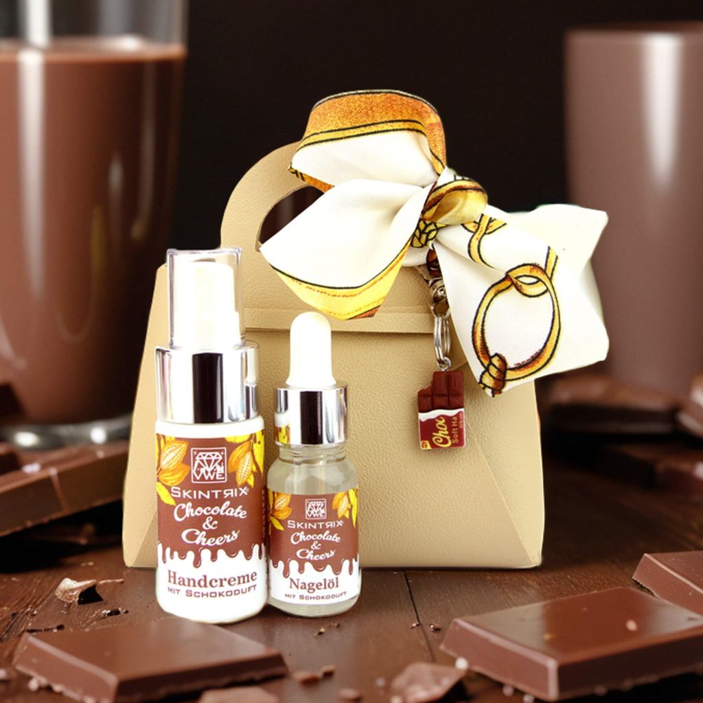 SKINTRIX Chocolate & Cheers Geschenk-Set – Handcreme, Nagelöl, KunstKunstleder-Geschenktasche & Schokoladentafel-Anhänger