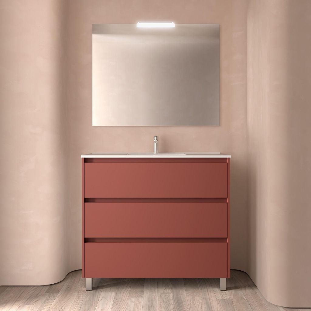 Badezimmermöbel NOJA 1000 3 Schubladen RED SATIN + Waschtisch + Spiegel