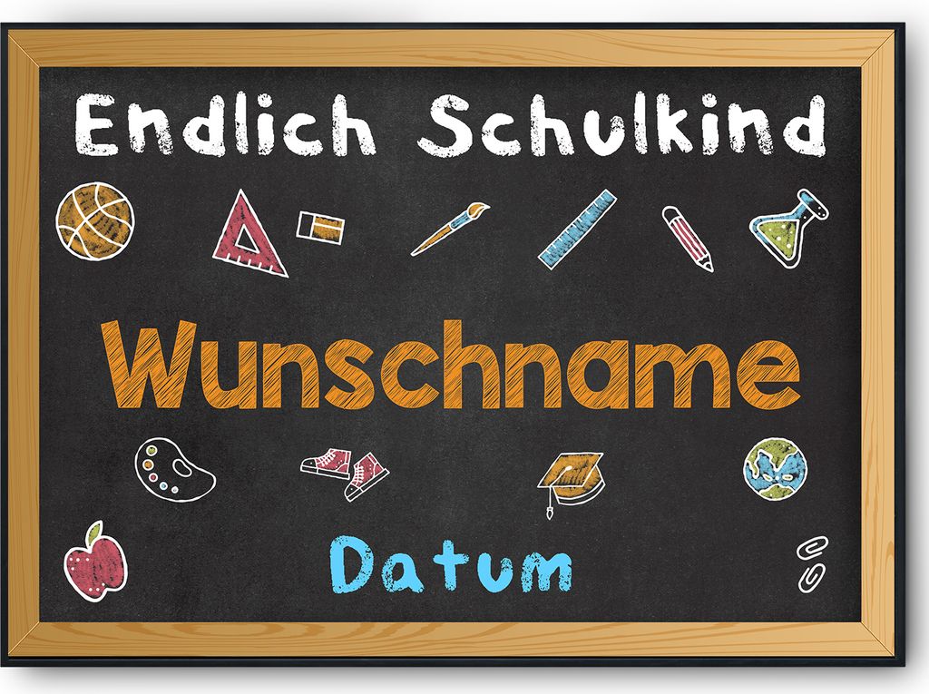 Einschulung Personalisiertes Geschenk zum Schulanfang Deko Poster Erster Schultag Schulkind – DIN A4 + Rahmen schwarz