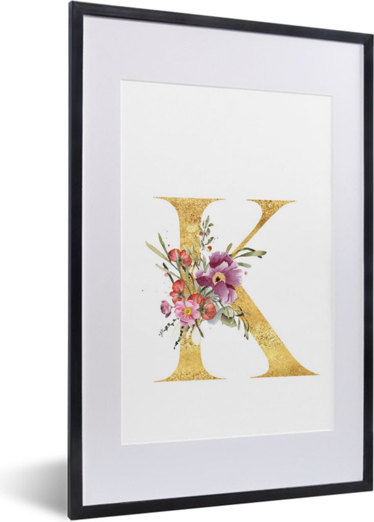 MuchoWow MuchoWow Gerahmtes Poster Blume - Buchstabe - Gold 40x60 cm - Poster mit zchwarzem Bilderrahmen - Poster in Rahmen