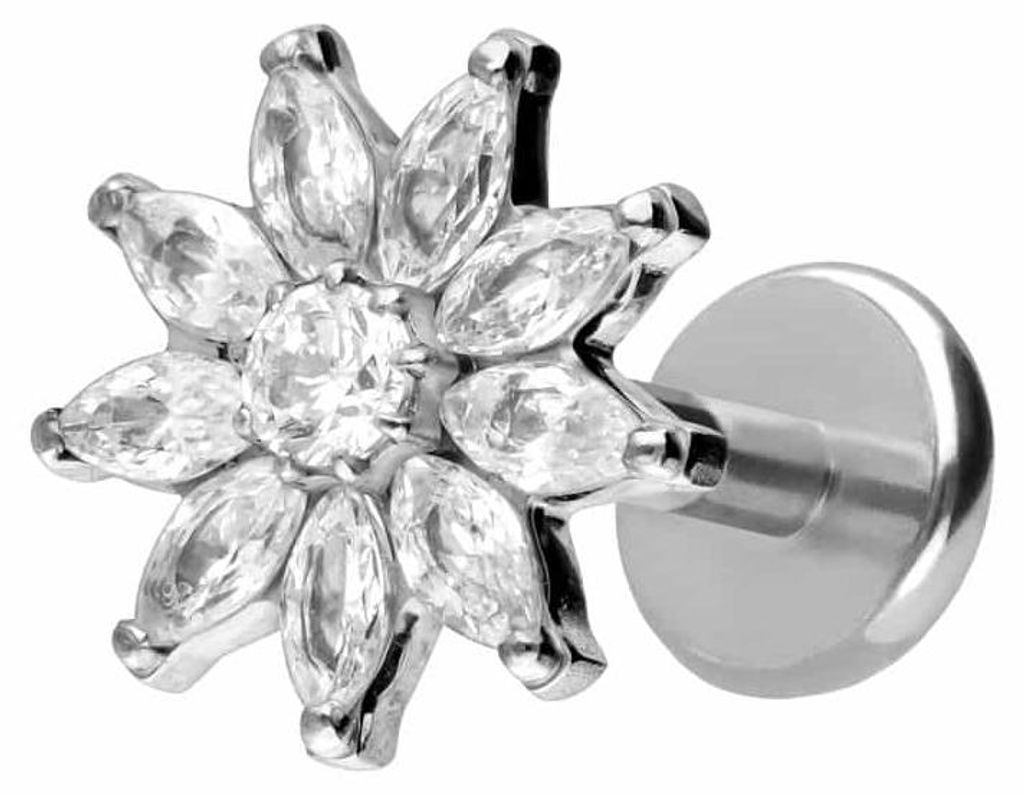 Ohrpiercing, Nasenpiercing Titan Labret mit Push Fit KRISTALLBLUME Silber Stablänge: 5mm | Stabstärke: 1mm