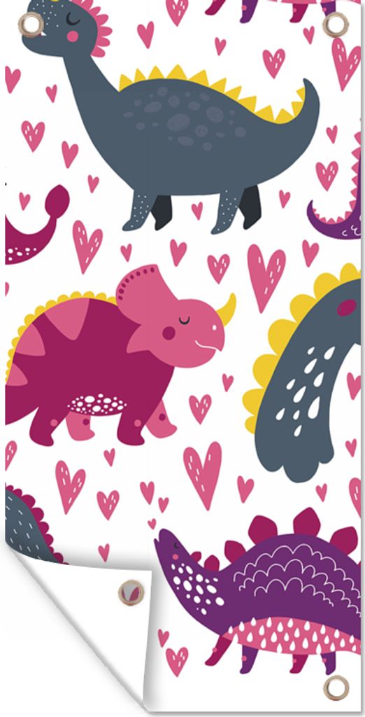MuchoWow 80x160 cm Outdoor-Poster Gartendeko Sichtschutz Garten Poster für den Garten Dino - Herz - Muster - Rosa - Mädchen - Dinosaurier