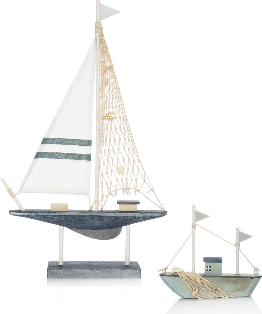 COM-FOUR 2x Maritimes Deko Segelschiff aus Holz in verschiedenen Größen - Dekoratives Holzboot mit Mittelmeer-Flair - Deko für Badezimmer [Far...