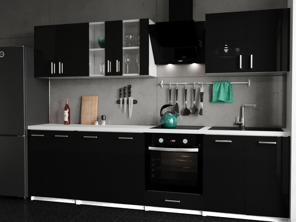 A modern black and white kitchen with appliances and cabinets.