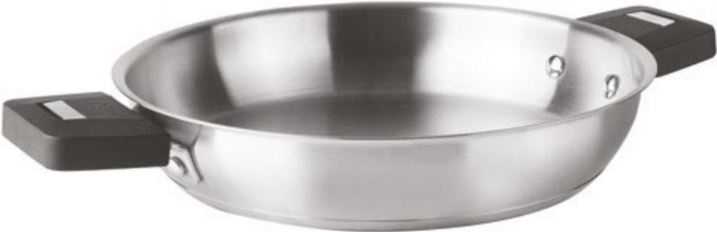 A stainless steel pan with black handles is shown against a white background.