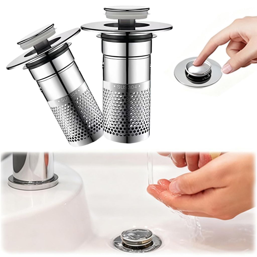 2-teiliges Set aus Spülbeckenstöpseln, universellen Abflusssieben, Pop-up-Abflussstöpseln mit Sieb, Edelstahl mit Haarsieb für Badezimmer- und ...