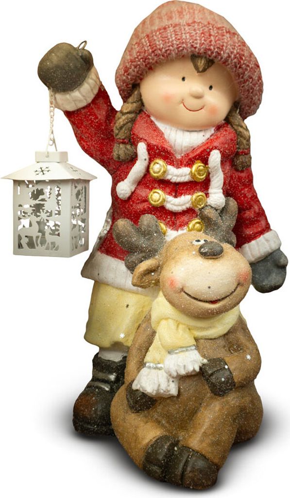 A ceramic figurine of a girl holding a lantern and standing next to a reindeer.