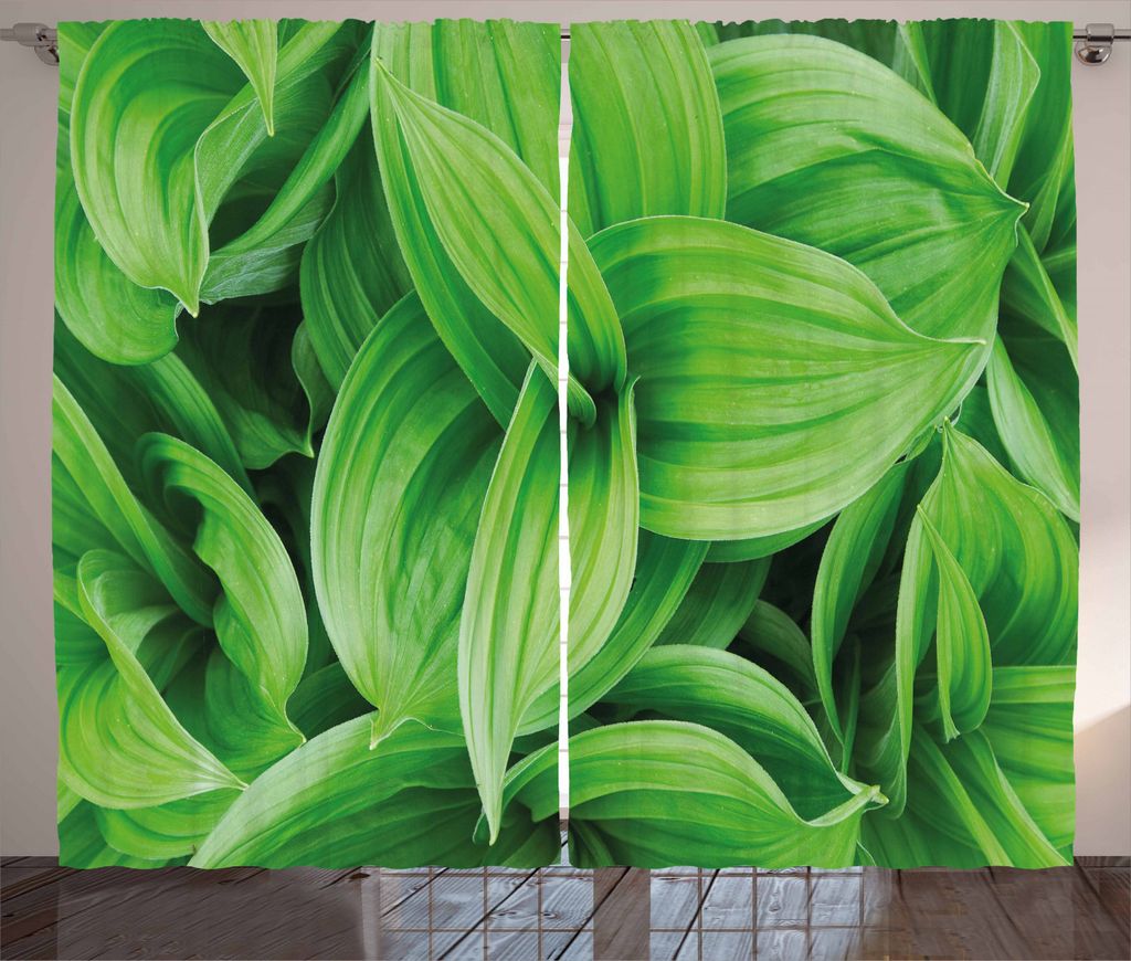 ABAKUHAUS Pflanze Rustikaler Vorhang, Tropic Laub Muster, Wohnzimmer Universalband Gardinen mit Schlaufen und Haken, 280 x 245 cm, Lindgrün