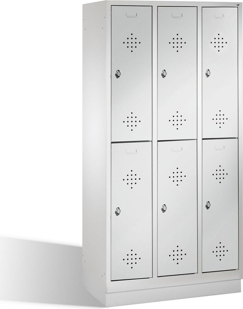 Fächerschrank, doppelstöckig, 3x2 Fächer, Abt.B 300 mm, Sockel, Drehriegel, Lochrosetten, BxTxH 900x500x1800 mm, RAL 7035