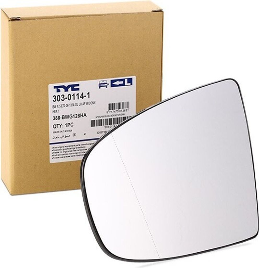 TYC Spiegelglas Außenspiegel Links für BMW X5 (E70) Asphärisch Beheizbar ohne Automatische Abblendung 303-0114-1