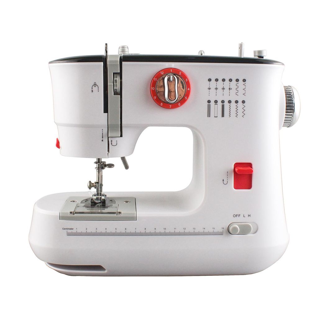 A white sewing machine is shown against a white background.