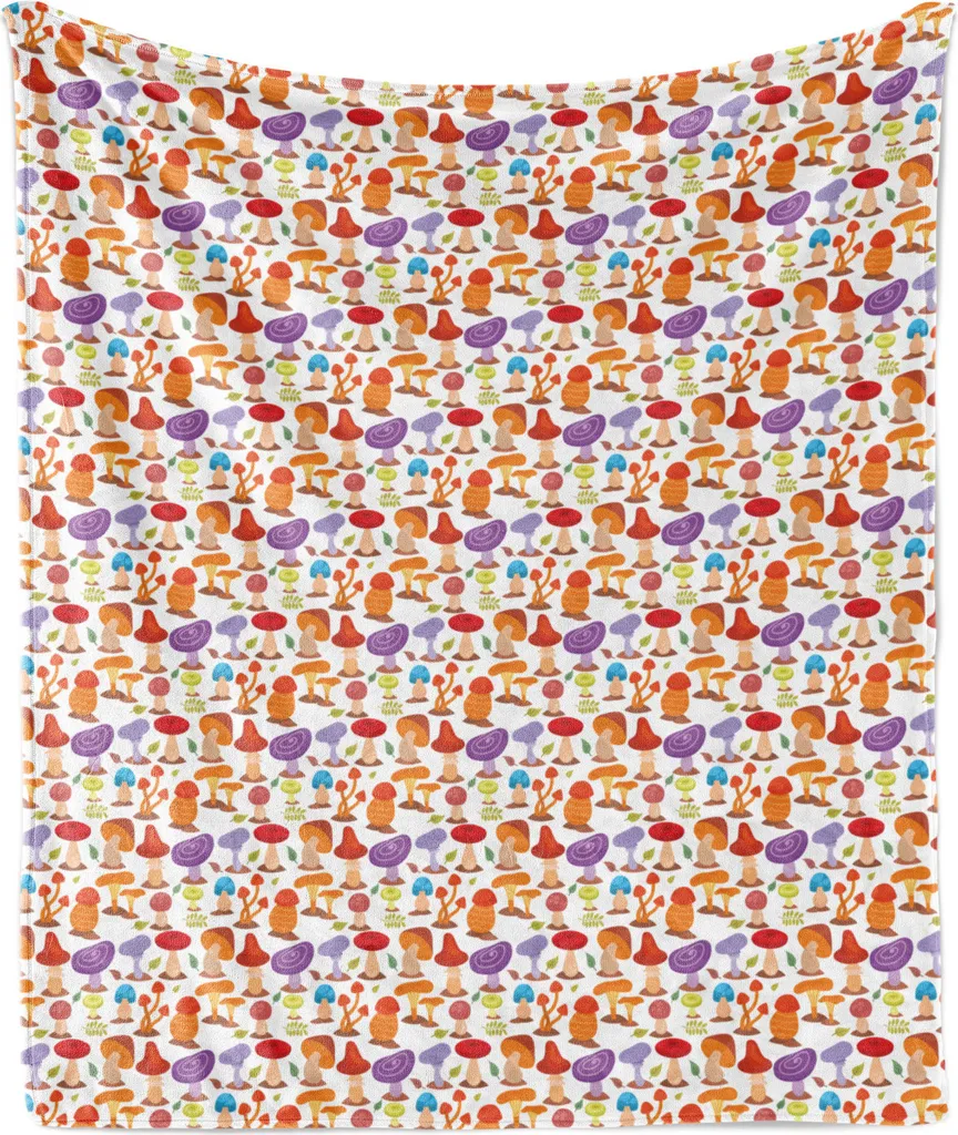 ABAKUHAUS Coperta in morbido pile di flanella con motivo funghi, vari elementi boschivi, funghi colorati e foglie, stagione del raccolto sano, 175 x 230 cm, multicolore