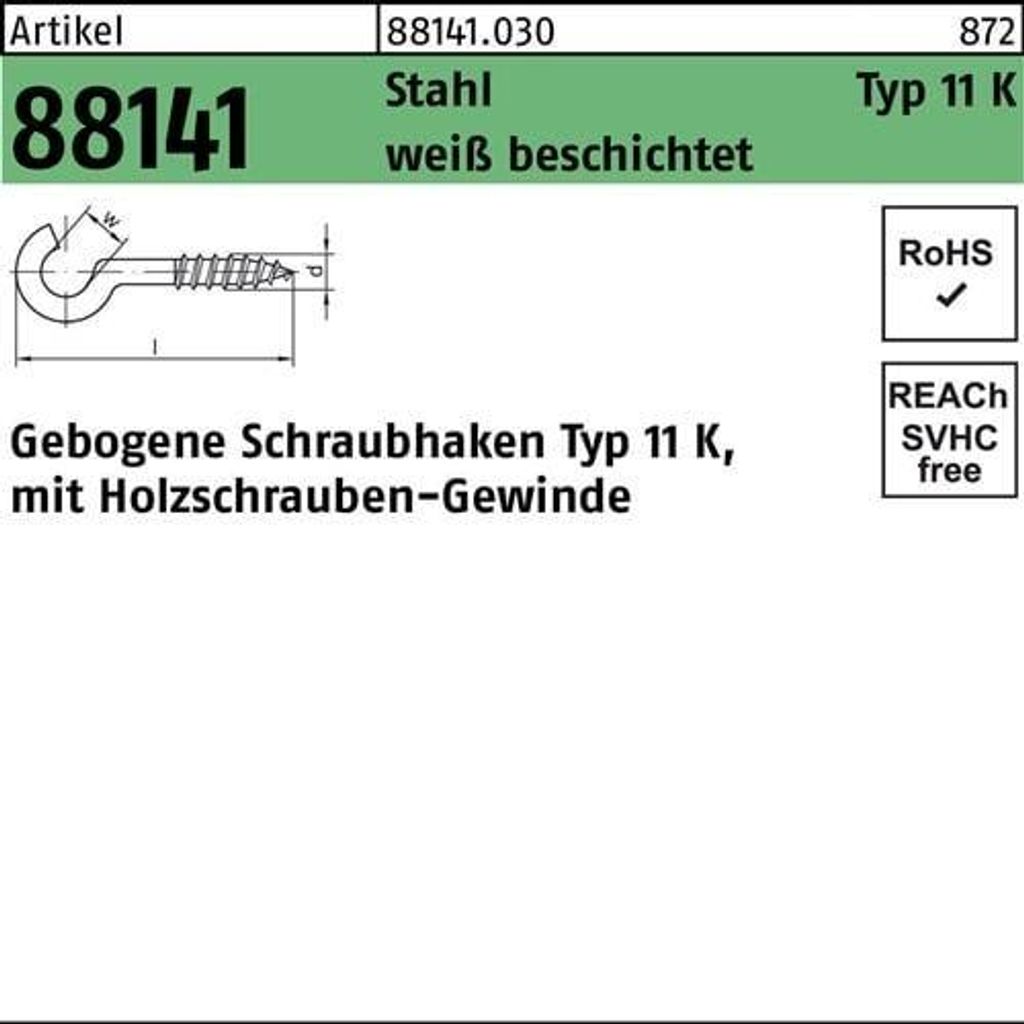 Reyher Gebogene Schraubhaken Typ 11K 50mm Kst., weiß (100 Stück)