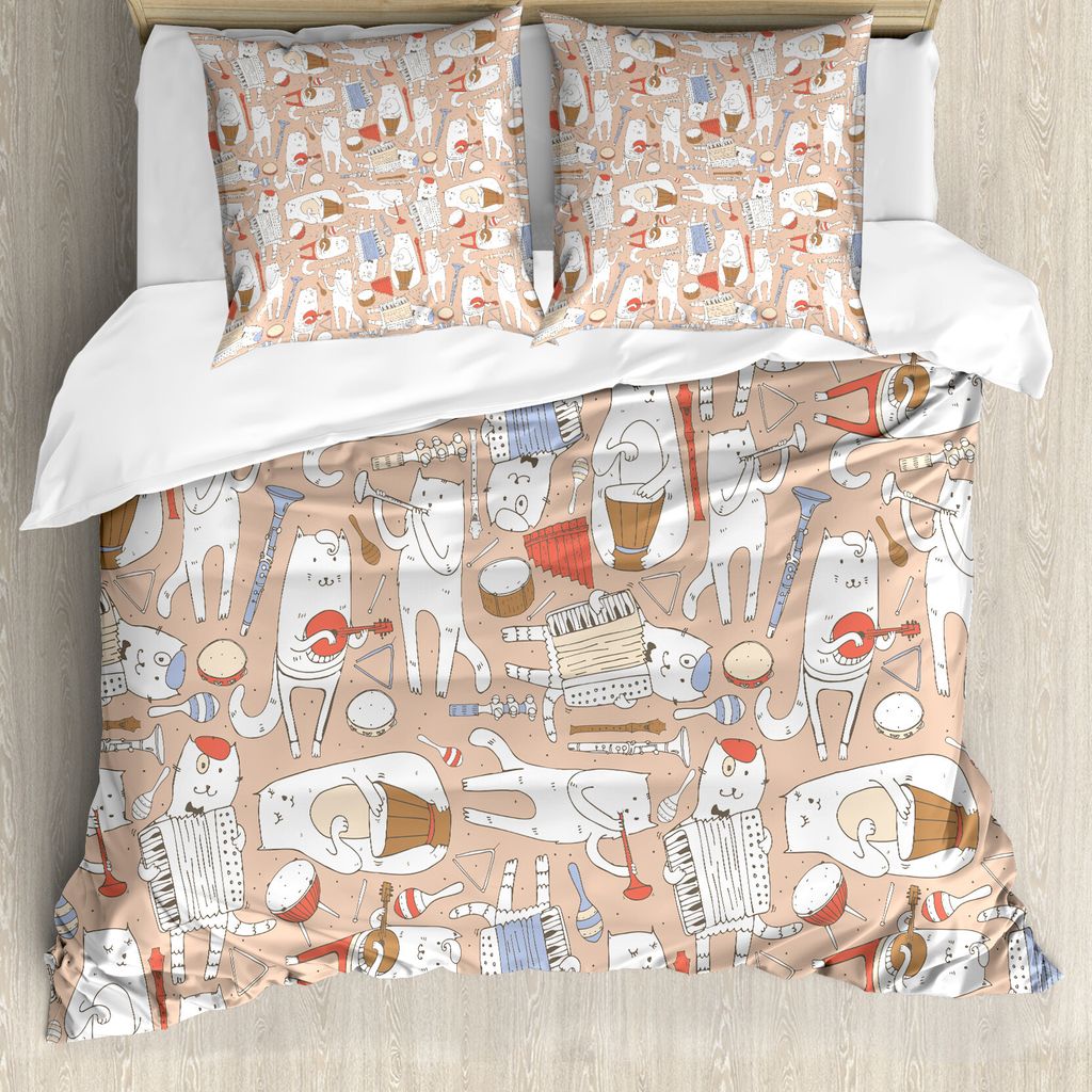 ABAKUHAUS Musik Bettbezug, Musiker Katzen-Karikatur, Milbensicher Allergiker geeignet mit Kissenbezügen, 155 cm x 220 cm - 80 x 80 cm, Warm Taupe ...