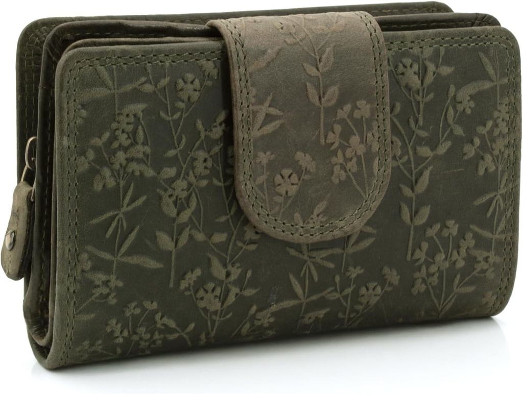 Damen Portemonnaie Querformat mit Blütenmuster,RFID-Schutz,Leder Geldbörse mit vielen Fächern, dreigeteiltem Münzfach, kompakt & sicher für de...