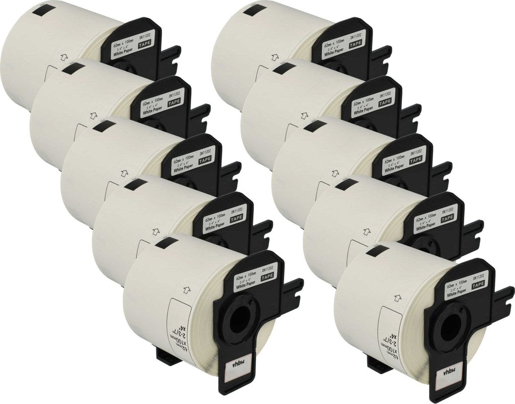 vhbw 10x Rolle mit Halter 62mm x 100mm (300 Etiketten) Ersatz für Brother DK-11202 für Drucker Weiß
