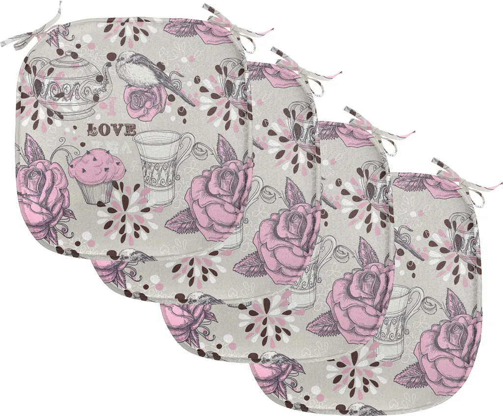 ABAKUHAUS Tee-Party Imbottitura per sedie da sala da pranzo, Romantiche rose e uccellini, Cuscino decorativo impermeabile con cinturini per sedie da cucina, 40 cm x 40 cm - Confezione da 4, Pale Pink Staub