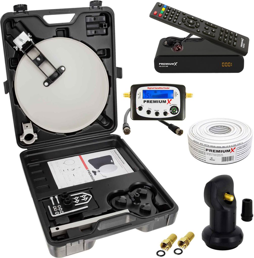 PremiumX Camping SAT Anlage Receiver Sat-Finder LNB Kabel F-Stecker Koffer